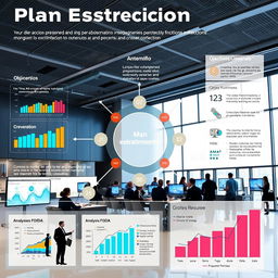 Un plan estratégico visualmente impactante, que presente un mapa de acción con elementos como gráficos de rendimiento, análisis FODA, y objetivos generales