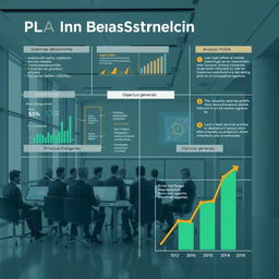 Un plan estratégico visualmente impactante, que presente un mapa de acción con elementos como gráficos de rendimiento, análisis FODA, y objetivos generales