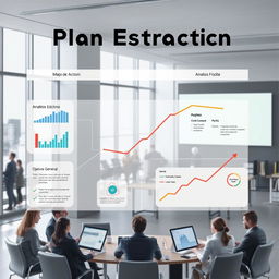Un plan estratégico visualmente impactante, que presente un mapa de acción con elementos como gráficos de rendimiento, análisis FODA, y objetivos generales