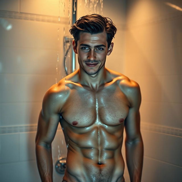 A sexy young man with a slender twink physique, standing in a modern shower