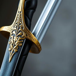 A detailed close-up image of a sword featuring an ornate gold garda (guard) and a sleek black handle