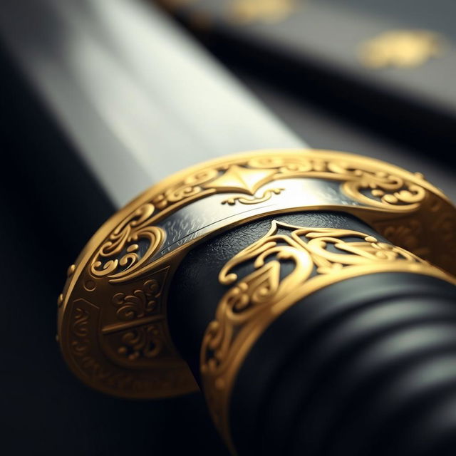 A detailed close-up image of a sword featuring an ornate gold garda (guard) and a sleek black handle