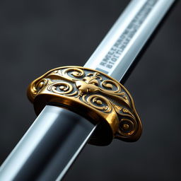 A detailed close-up image of a sword featuring an ornate gold garda (guard) and a sleek black handle