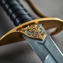 A detailed close-up image of a sword featuring an ornate gold garda (guard) and a sleek black handle