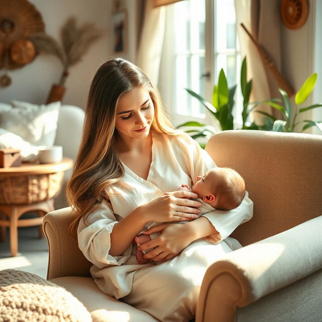 A serene indoor scene featuring a mother lovingly breastfeeding her baby