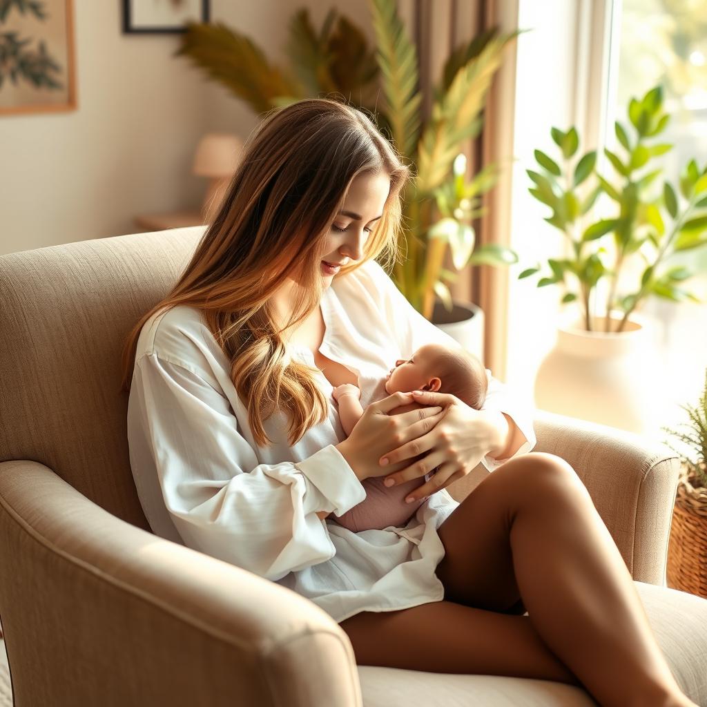 A serene indoor scene featuring a mother lovingly breastfeeding her baby