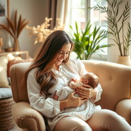 A serene indoor scene featuring a mother lovingly breastfeeding her baby