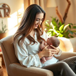 A serene indoor scene featuring a mother lovingly breastfeeding her baby