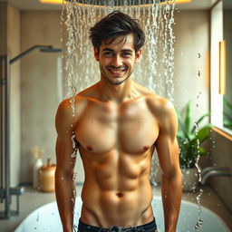A hot young man with a slim build and defined muscles stands under a cascading waterfall in a luxurious shower