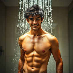 A hot young man with a slim build and defined muscles stands under a cascading waterfall in a luxurious shower
