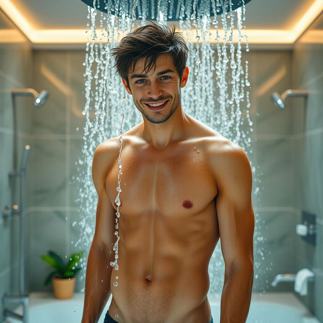 A hot young man with a slim build and defined muscles stands under a cascading waterfall in a luxurious shower