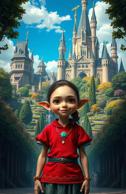 A deformed girl with unique features standing proudly in front of a grand kingdom