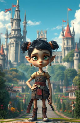 A deformed girl with unique features standing proudly in front of a grand kingdom