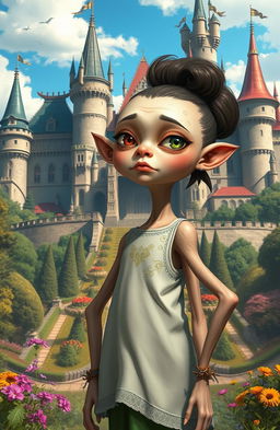 A deformed girl with unique features standing proudly in front of a grand kingdom
