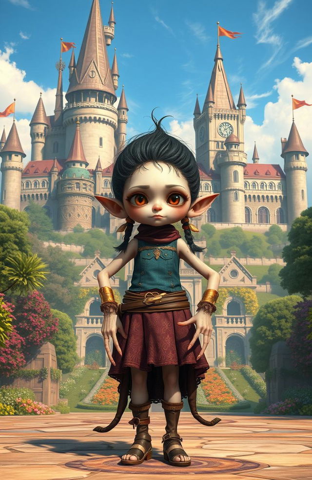 A deformed girl with unique features standing proudly in front of a grand kingdom