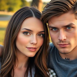 A couple portrait featuring a shy woman and a confident man