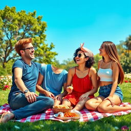 A heartwarming scene depicting four friends enjoying a sunny day at the park