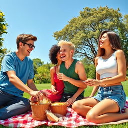 A heartwarming scene depicting four friends enjoying a sunny day at the park