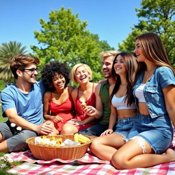 A heartwarming scene depicting four friends enjoying a sunny day at the park