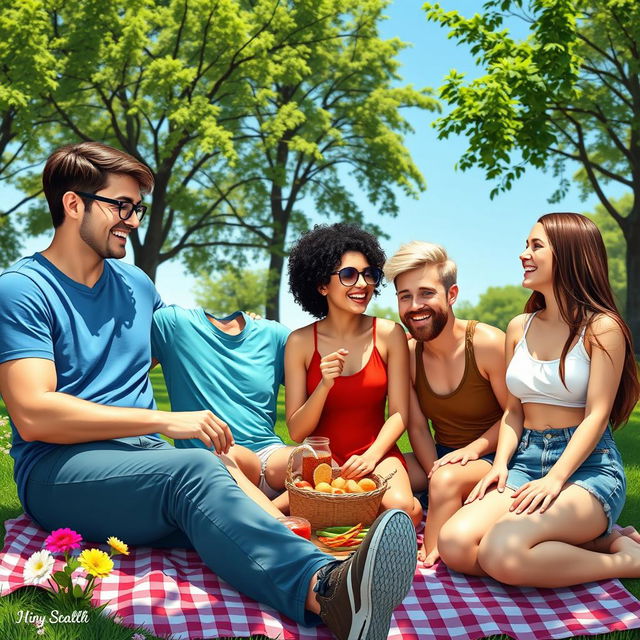 A heartwarming scene depicting four friends enjoying a sunny day at the park