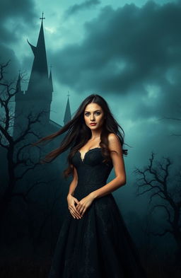 A mystical dark kingdom shrouded in mist, featuring ominous castle towers and twisted trees silhouetted against a stormy sky