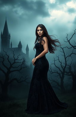 A mystical dark kingdom shrouded in mist, featuring ominous castle towers and twisted trees silhouetted against a stormy sky