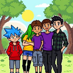 Four friends in a pixel art style, each with unique appearances and clothing