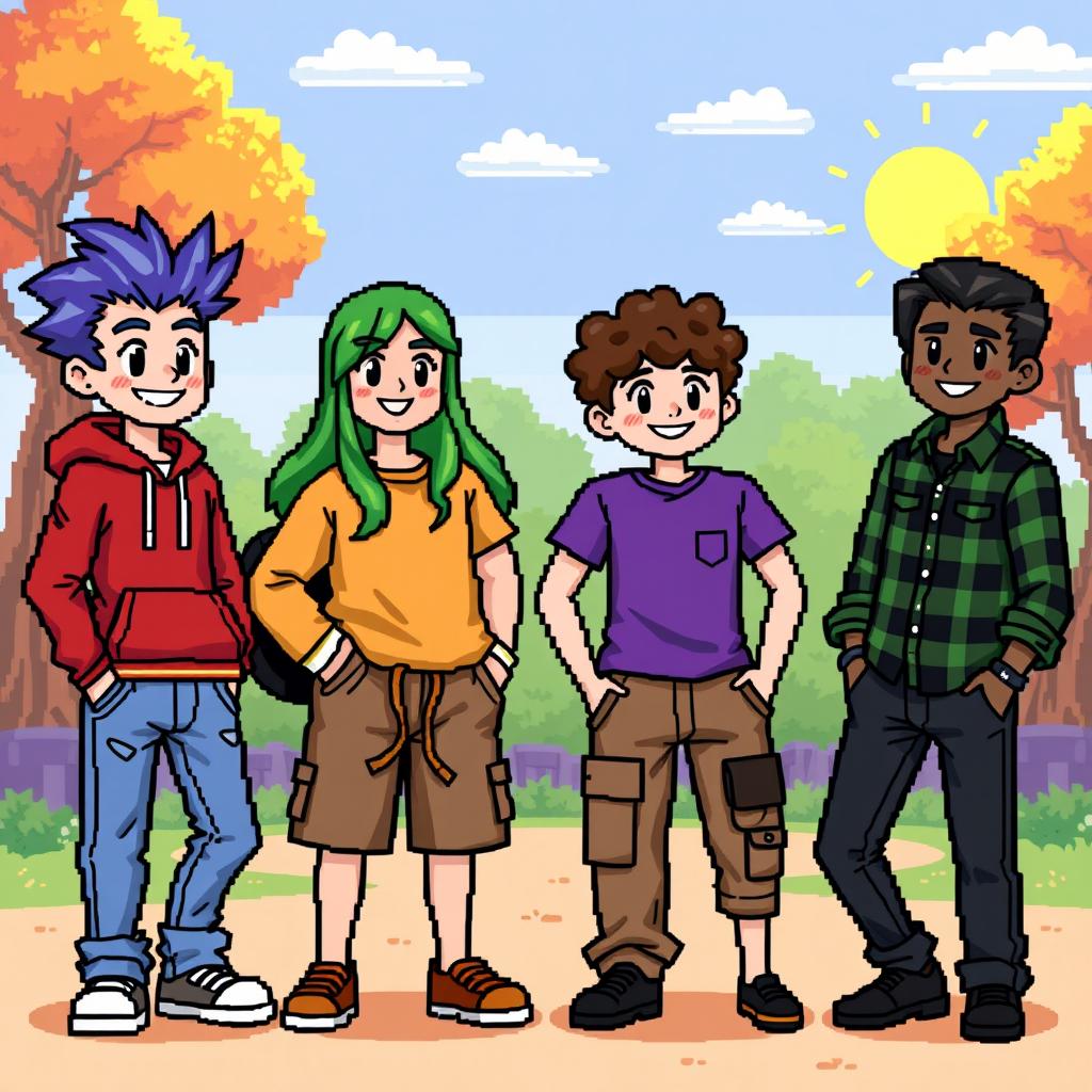 Four friends in a pixel art style, each with unique appearances and clothing