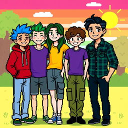 Four friends in a pixel art style, each with unique appearances and clothing