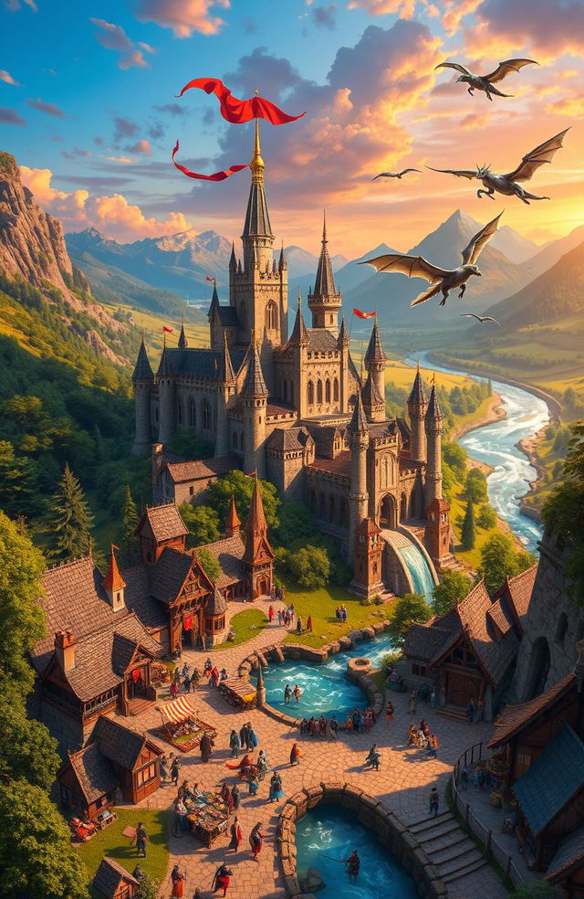 A majestic medieval fantasy kingdom set in a vibrant landscape, featuring a grand castle with tall spires and banners fluttering in the wind