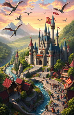 A majestic medieval fantasy kingdom set in a vibrant landscape, featuring a grand castle with tall spires and banners fluttering in the wind