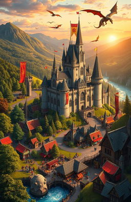 A majestic medieval fantasy kingdom set in a vibrant landscape, featuring a grand castle with tall spires and banners fluttering in the wind