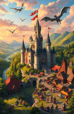 A majestic medieval fantasy kingdom set in a vibrant landscape, featuring a grand castle with tall spires and banners fluttering in the wind