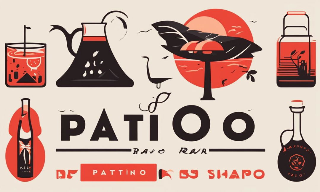 A warm red logo for a bar named 'Patio', featuring stylized text surrounded by illustrations of various drinks and an outdoor patio scene