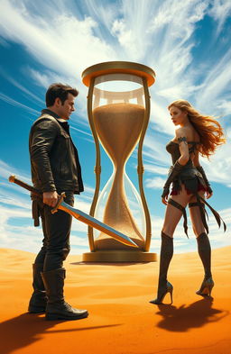 A dramatic scene depicting a man and woman facing each other in a vast, golden desert