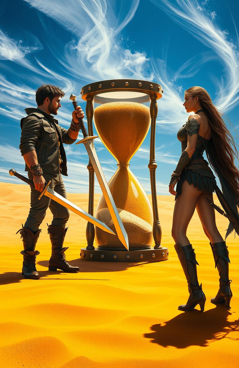 A dramatic scene depicting a man and woman facing each other in a vast, golden desert