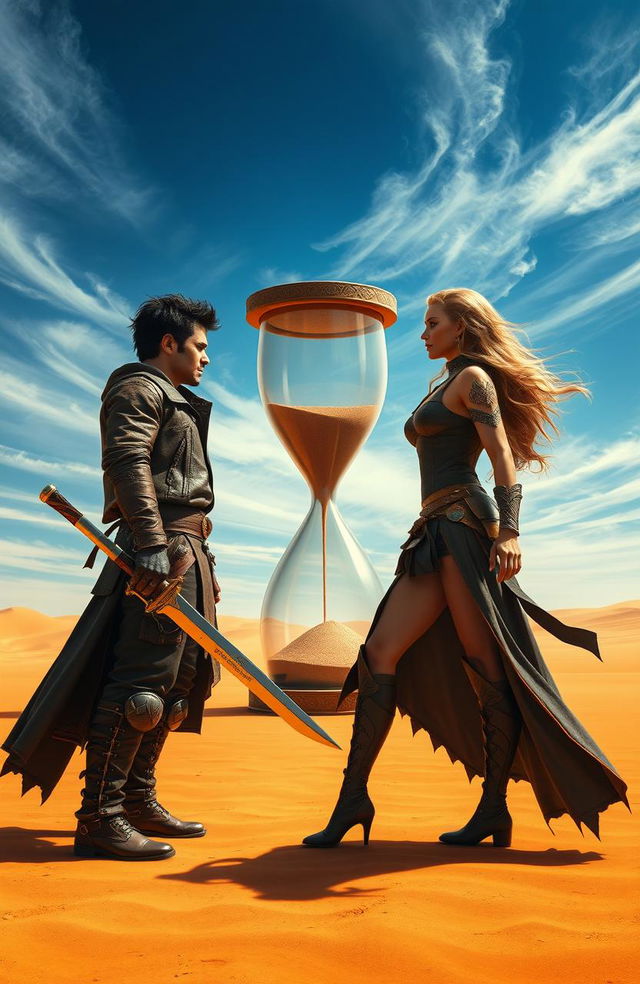 A dramatic scene depicting a man and woman facing each other in a vast, golden desert