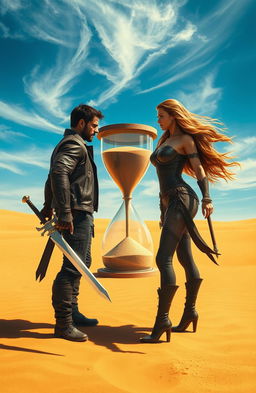 A dramatic scene depicting a man and woman facing each other in a vast, golden desert