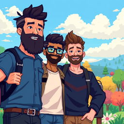 Four friends in pixel art style, featuring distinct characteristics; one of them has a thick beard, while the others have diverse hairstyles and outfits