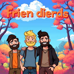 Four friends in pixel art style, featuring distinct characteristics; one of them has a thick beard, while the others have diverse hairstyles and outfits