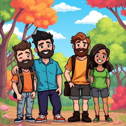 Four friends in pixel art style, featuring distinct characteristics; one of them has a thick beard, while the others have diverse hairstyles and outfits