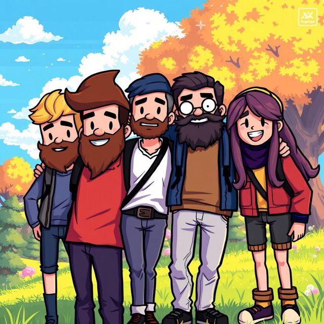 Four friends in pixel art style, featuring distinct characteristics; one of them has a thick beard, while the others have diverse hairstyles and outfits