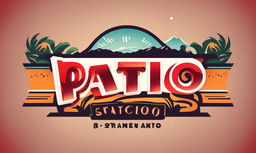 A warm red logo for a bar named 'Patio', featuring stylized text surrounded by illustrations of various drinks and an outdoor patio scene