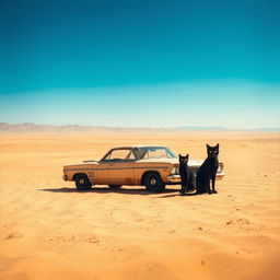 A striking and surreal landscape set in a vast, arid desert under a brilliant blue sky