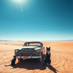 A striking and surreal landscape set in a vast, arid desert under a brilliant blue sky