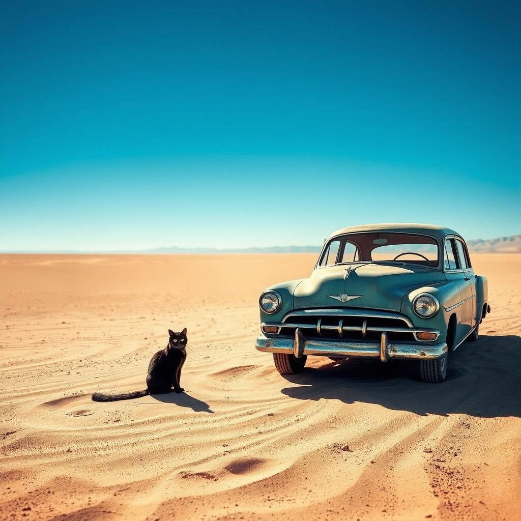 A striking and surreal landscape set in a vast, arid desert under a brilliant blue sky