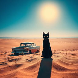 A striking and surreal landscape set in a vast, arid desert under a brilliant blue sky