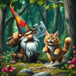 An aggressive gnome in a vibrant forest, wielding a large axe, is confronting a surprised cat