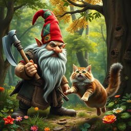 An aggressive gnome in a vibrant forest, wielding a large axe, is confronting a surprised cat