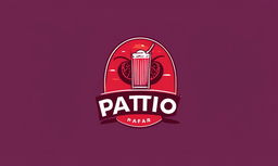 A warm red logo for a bar named 'Patio', featuring stylized text surrounded by illustrations of various drinks and an outdoor patio scene